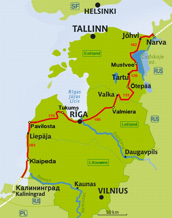 Route in het Balticum met afstanden tussen etappe-plaatsen (gele cirkels).